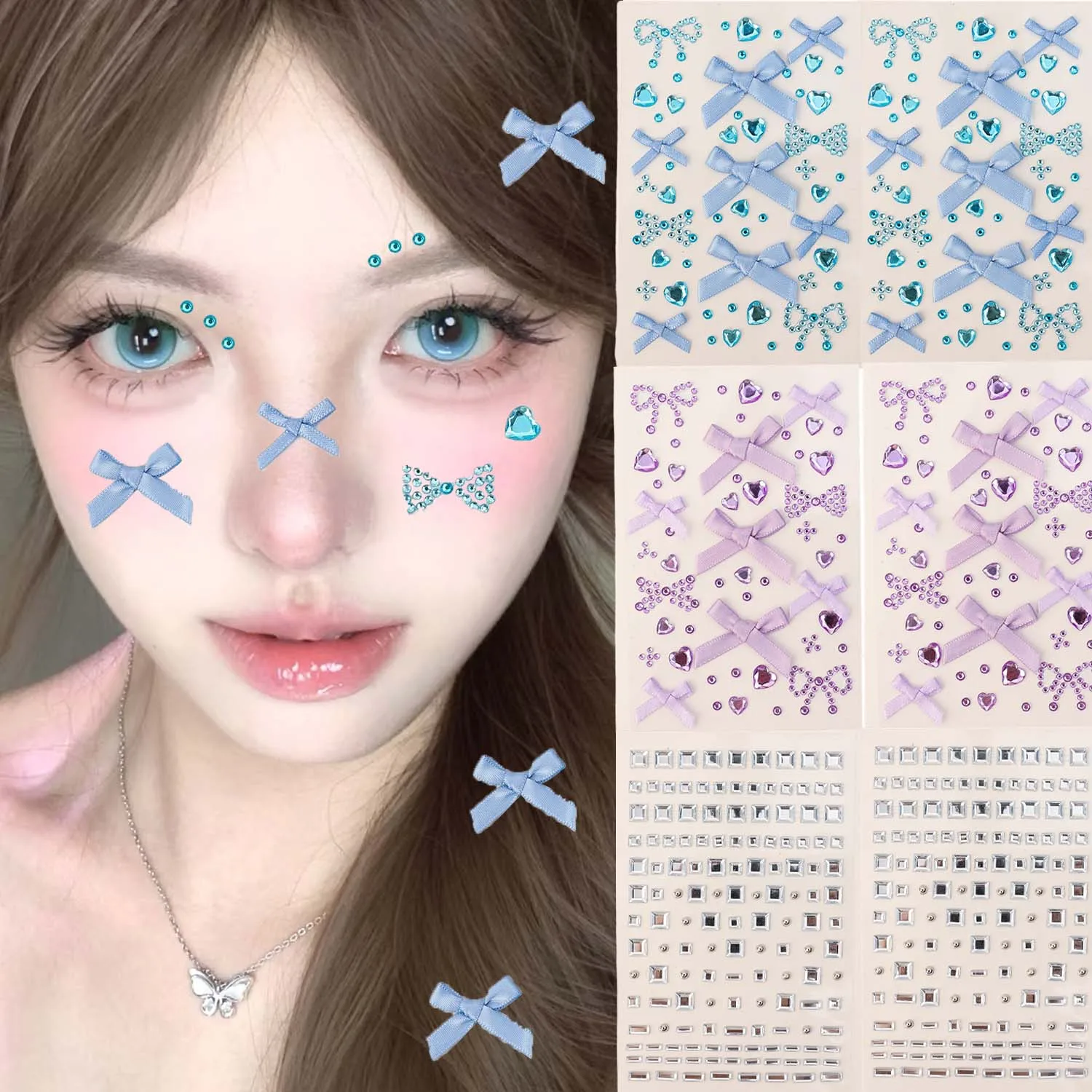 Blue Purple Rhinestone Face Stickers Temporary Tattoo