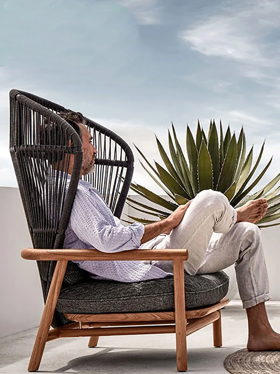 

Solid wood teak sofa rattan chair single designer balcony outdoor garden patio terrace small coffee table