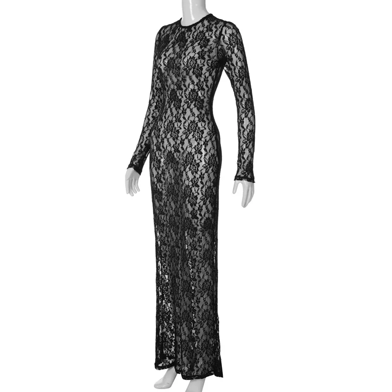 Lace See-Through Printed Long Dress Female Hollow Out Slim High Waist Solid Dress Sexy Club Clothes Ladies Maxi Dress 2025