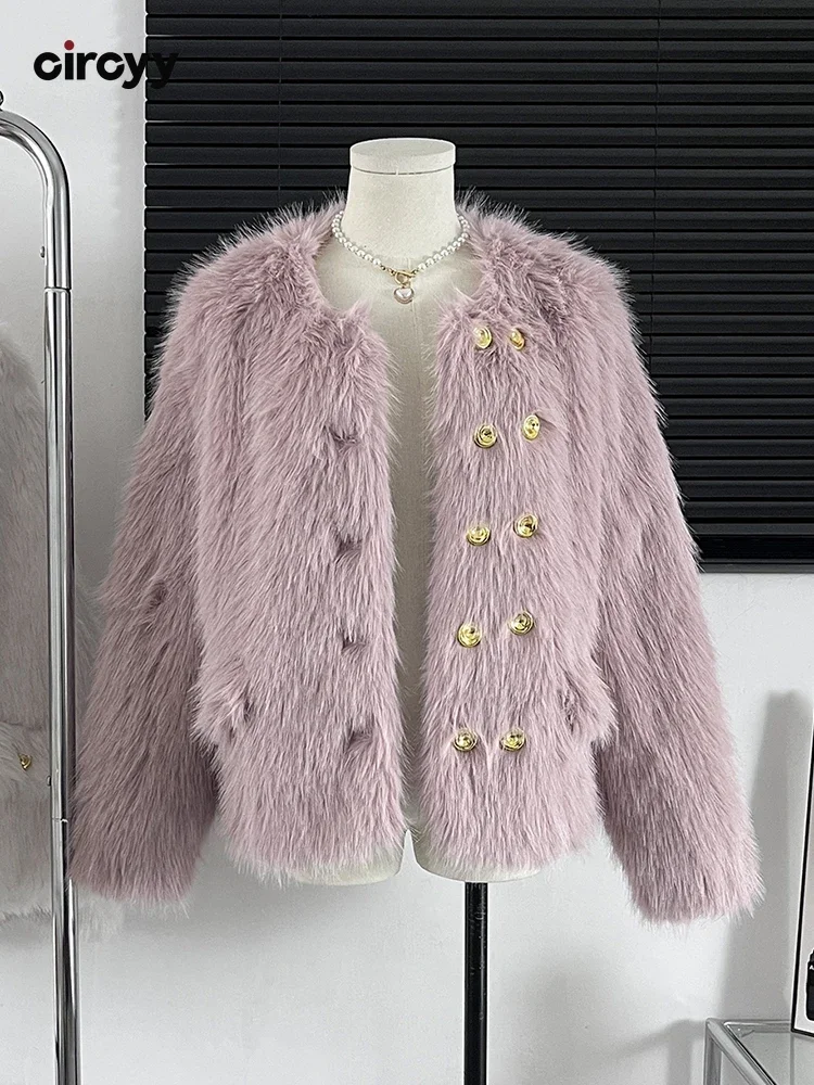 

Jacket Women Faux Fur Coat 2023 Winter New Thicken Warm Long Sleeve Double Breasted Korean Outerwear Loose Solid Coats