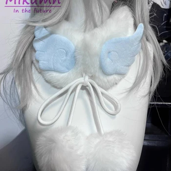 미쿤 하라주쿠 엔젤 윙 플러시 인조 토끼 모피 스카프, 따뜻한 레이스업 넥 랩 스카프, 카와이 시크 스트리트웨어, 겨울