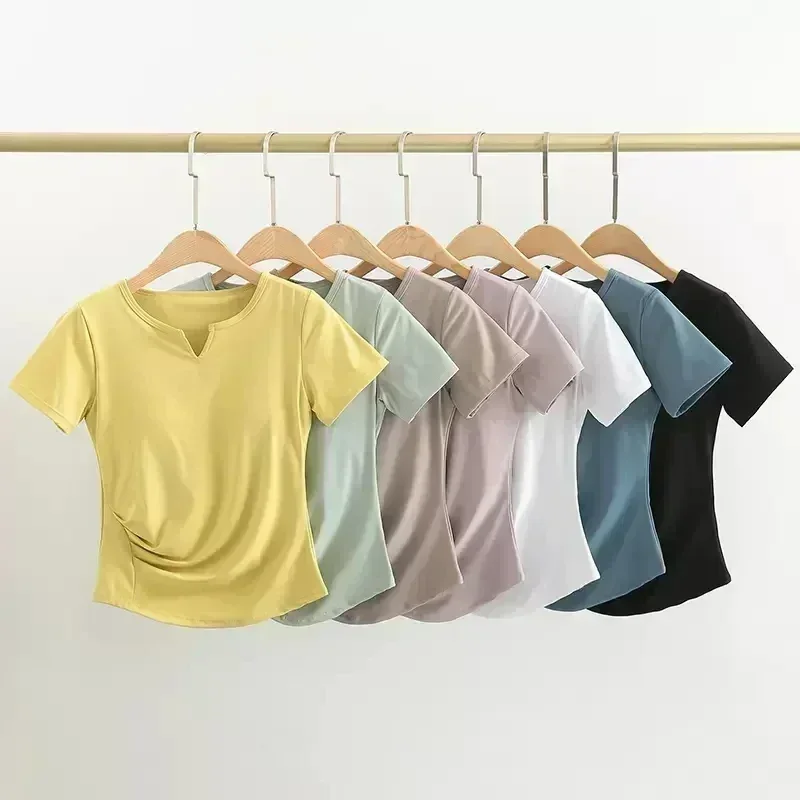 Lemon Women V Neck Comfortable Elastic Fitness Running Short Sleeve With Chest Pad Yoga Clothes Sports Tight Tops Spring Summer