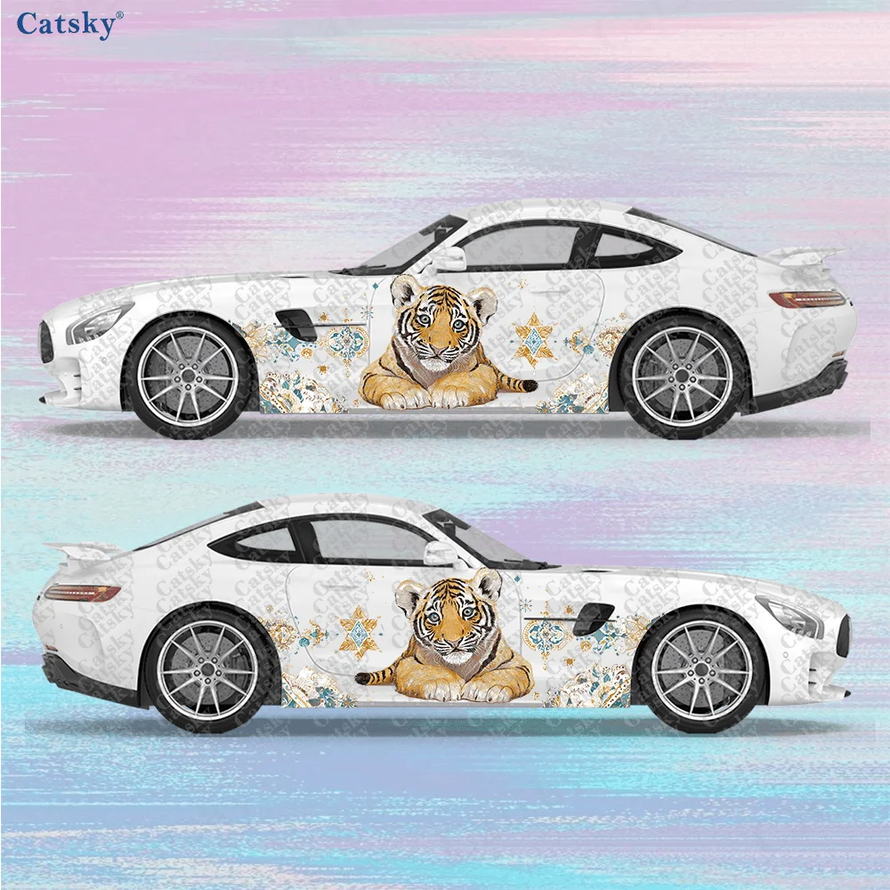 Boho-Stil Tiger Art Auto-Seitenaufkleber, Dekoration, wasserdichter, kratzfester PVC-Aufkleber, Autoschutz, Autozubehör, Geschenk – Detail 8