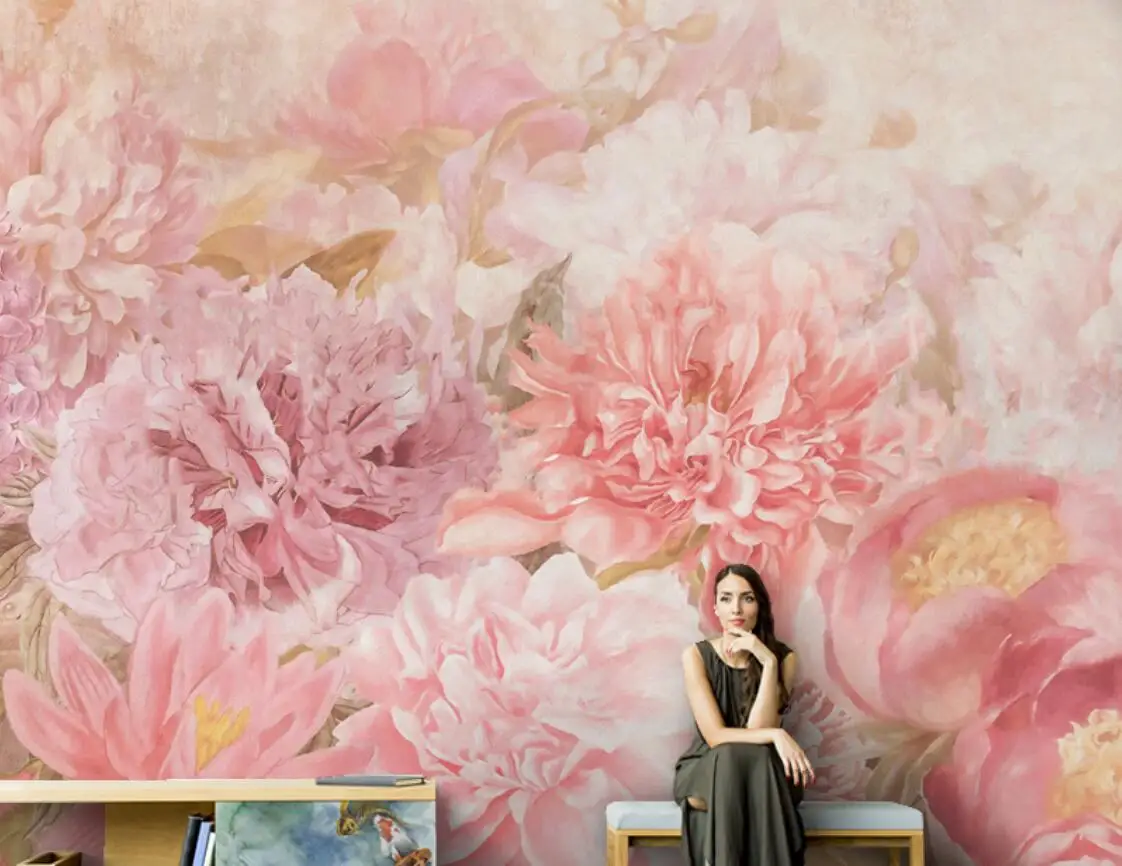 papel de parede Custom 3d Wallpaper Mural Modern Nordic Hand-painted Flower Wall paper American Pink Flower Sofa Background Wall