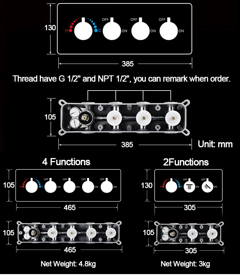 Description Picture 6 of itemBathroom Brass Shower Faucets Concealed Shower Mixer Tap Black Wall Valves Thermostatic Shower Controller Bath Accessories