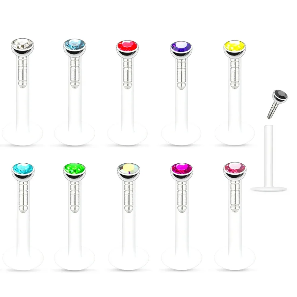 4X 2/2.5/3mm Crystal Push In Acrylic Labret Ring Monroe Lip 6/8/10/12mm Bar Flat Back Ear Stud Flexible Piercing 16g