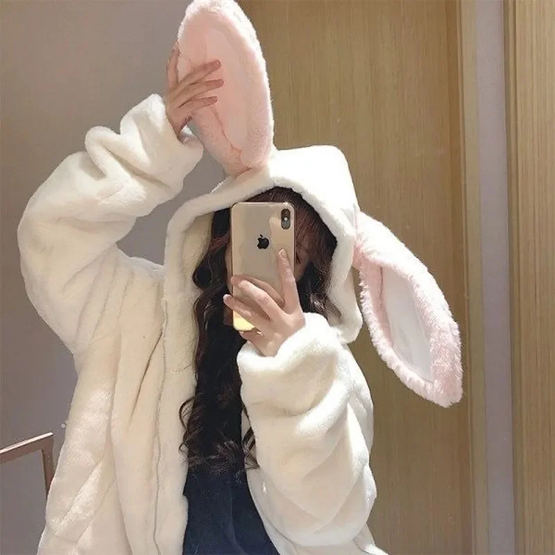 

Kawaii Hooded Sweatshirts Harajuku Zip Up Hoodie Faux Lamb Fleece Pullover Bunny Ears Oversized Hoodie Japanese Fashion