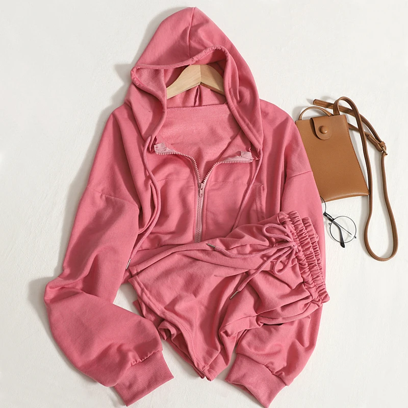 

Костюм с капюшоном, Осенний однотонный Повседневный Спортивный костюм, женский комплект из 2 предметов, спортивный свитшот, пуловер, спортивные штаны и шорты, оптовая продажа