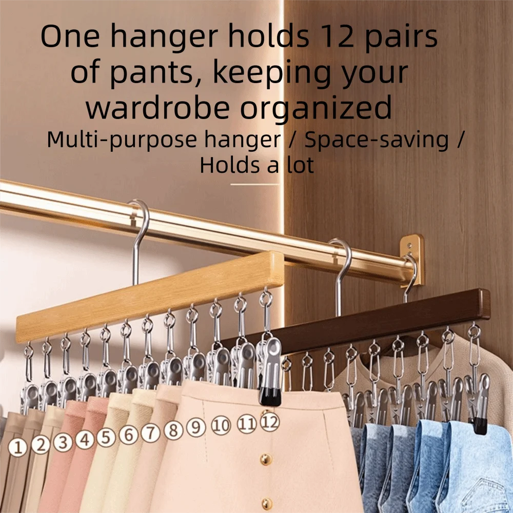 High Quality 360°Rotation Wood Hanger Stainless Steel 10/12 Clips Drying Rack No Trace Multi-function Storage Rack Socks Hanging