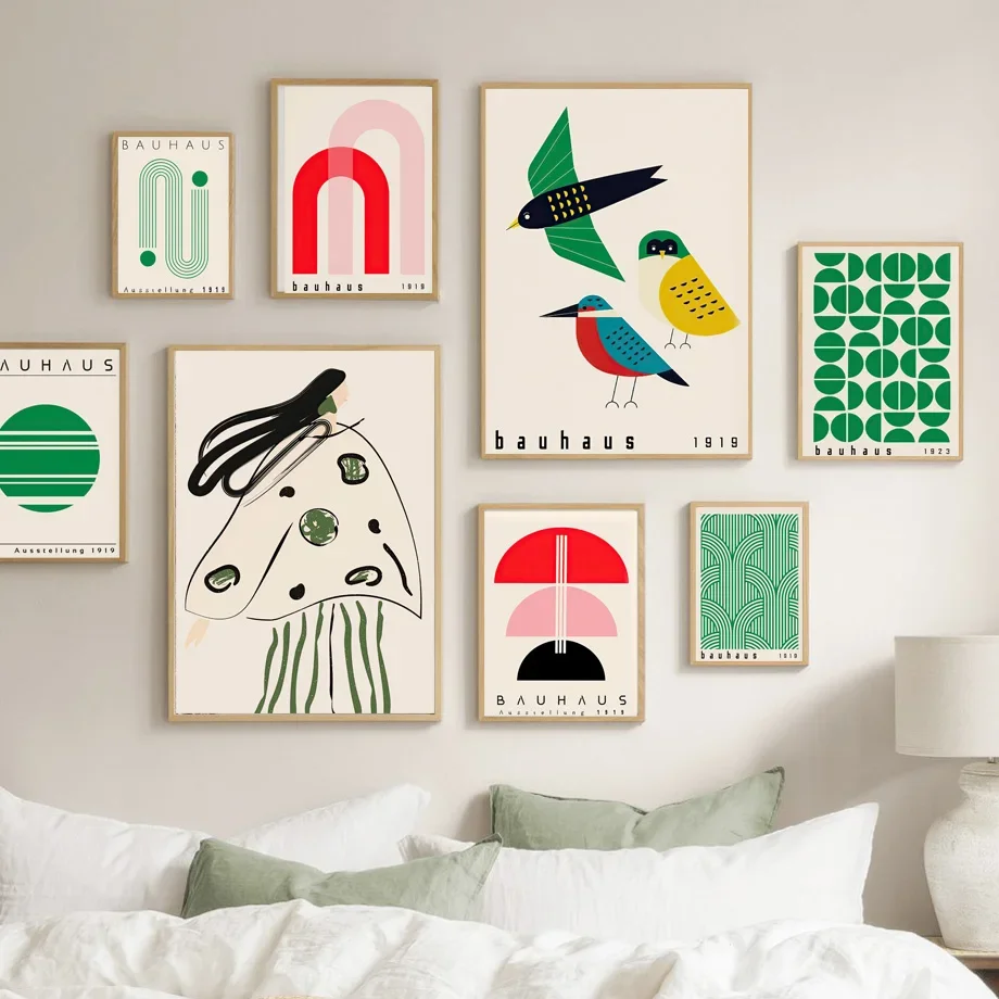 

Bauhaus, постеры для выставки изогнутой девушки, Современные геометрические абстрактные настенные художественные принты, картины на холсте для декора гостиной