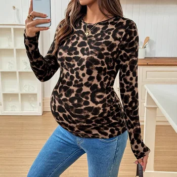 Clothes for Pregnant Women Maternity Dress and Skirts Sweater Knitted Top Leopard Print Long-sleeved Pregnancy T-shirt Clothing