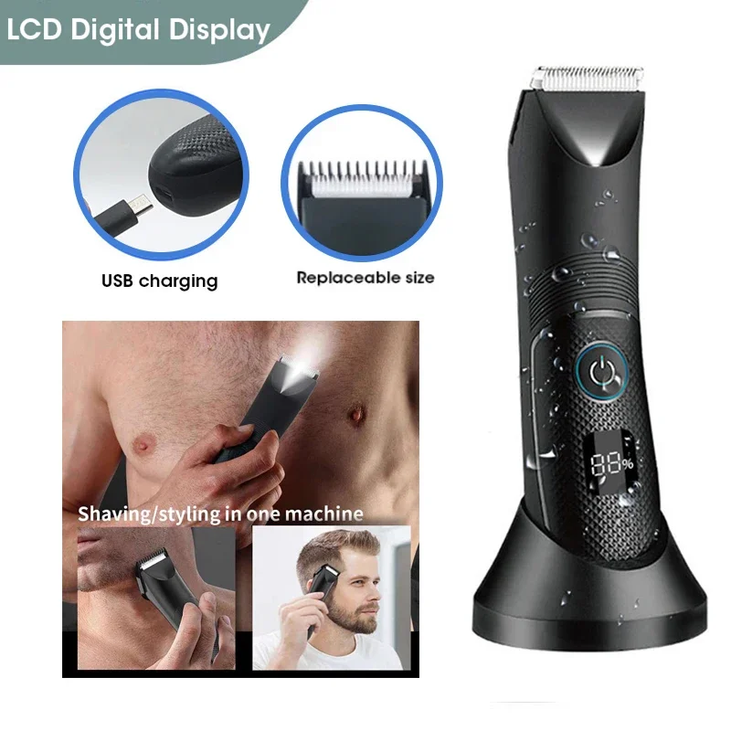 

Men's Full Body Epilator Charging with Digital Display Waterproof Electric Hair Trimmer Shaver Replaceable Ceramic Blade Heads