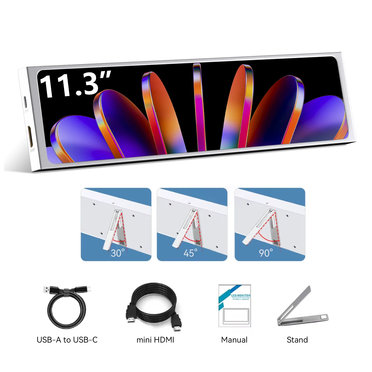 شاشة IPS صغيرة الحجم محمولة مقاس 11.3 بوصة متوافقة مع HDMI/USBC اتصال مزدوج لاستخدام الكمبيوتر المحمول