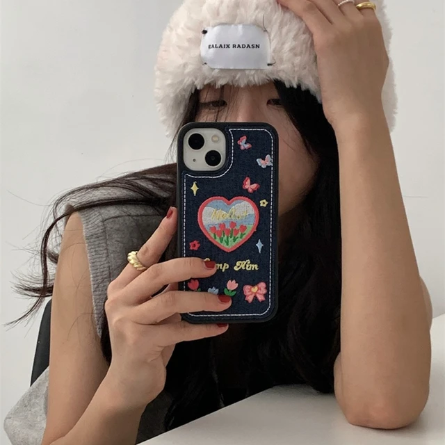 Korean Cute Y2k Butterfly Denim Embroidery Phone Case For iPhone 15 14 13  12 Pro Max 11 Love Heart Cherry Shockproof Soft Cover - AliExpress