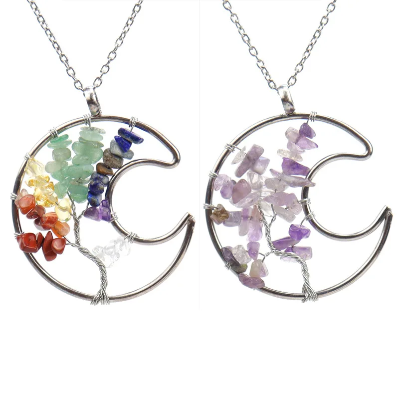 

Natural reiki energy Gravel crystal braided moon Necklace handmade wire wrap Colorful rock Crystal Choker for couple jewelry