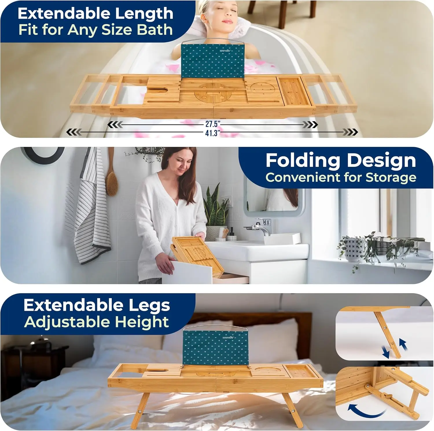NEW 2 in 1 Bed and Bath Tray - Foldable Bamboo Bathtub Caddy with Adjustable Length, Non-Slip, Device Holder, Wine Glass Slot 3