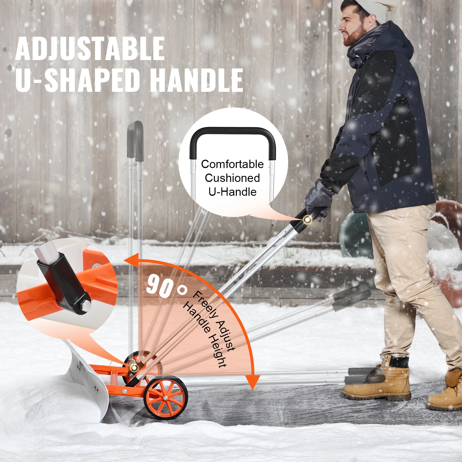 VEVOR Snow Shovel with Wheels 36in for Driveway Heavy Duty Shovel Pusher with Wide Blade and U-shaped Aluminum Alloy Handle 5
