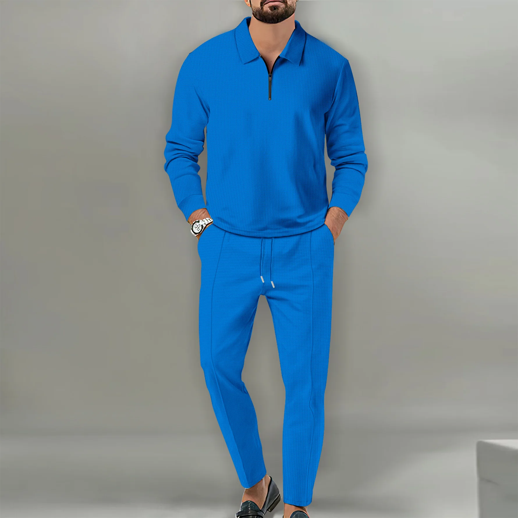 Spring Autumn men's casual lapel solid color two-piece fashion zipper Waffle fabric outdoor sports long sleeve + pants suit 4