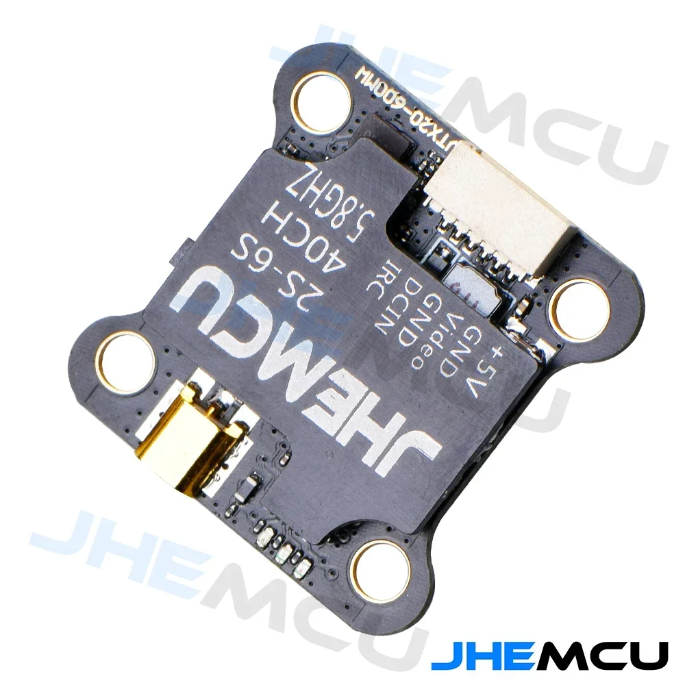 Détail du JHEMCU VTX20-600 5.8G 40CH FPV Transmetteur avec l'écran affichant la fréquence et la puissance