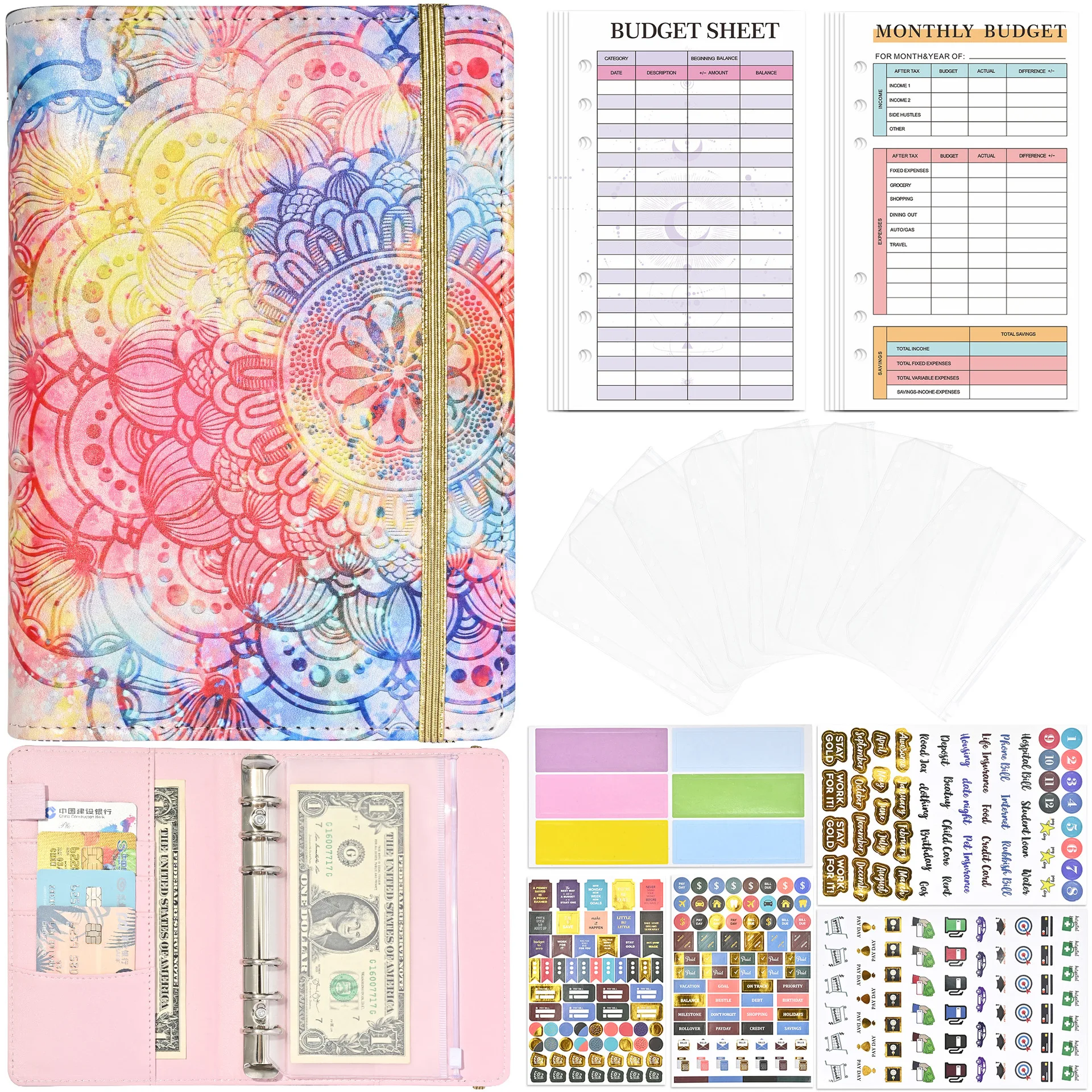 

A6 Budget Binder Planner With Monthly Schedule Envelopes Colorful PU Leather Notebook Binder With 8 PCS A6 Binder Pockets