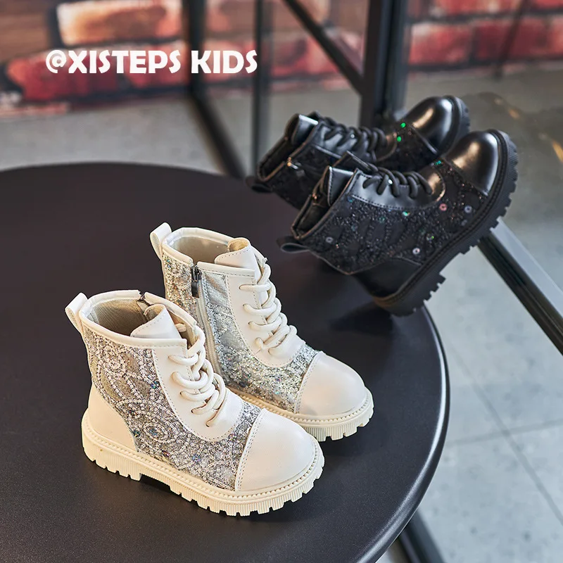 

Little Princess Girls Shinny Sequins Leather Ankle Boots 2023 Autumn Winter Children Shoes Non-slip Kids Shoes for Girl Black