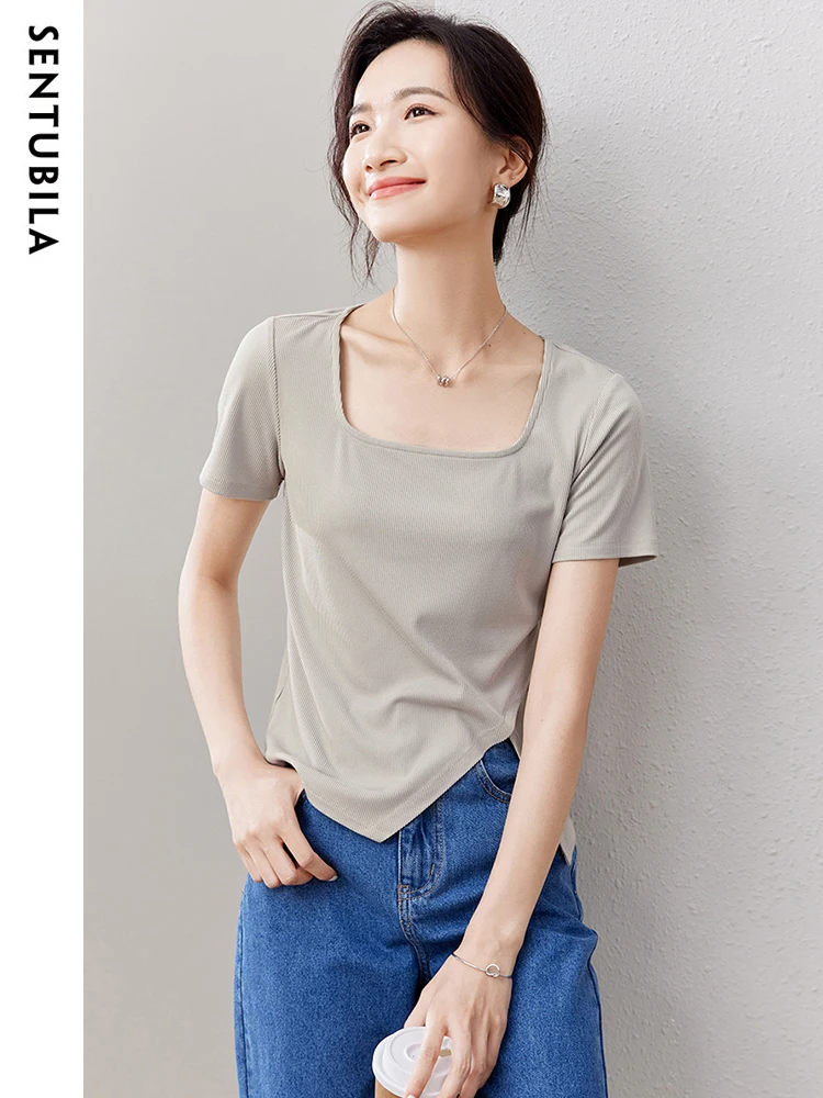 

Sentubila Women's Knitted T-shirt 2023 Summer New Fashion Square Neck Solid Slim Tee Vintage Short Sleeve Slit Tops Q32T50490