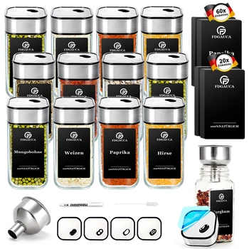 6/12/24Pcs Glass Spice Jars with 360° Rotating Lids, 120ml Spice Bottles with Black Labels, Funnel, Brush for Organising Spices 1