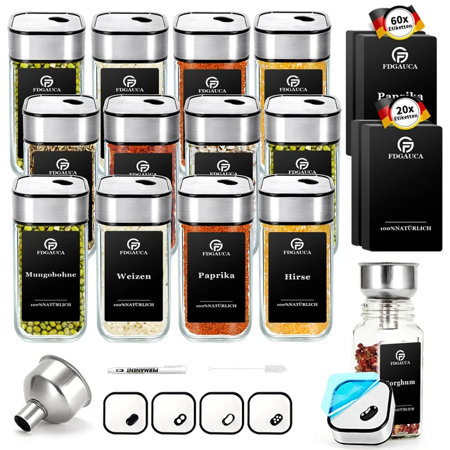 6/12/24Pcs Glass Spice Jars with 360° Rotating Lids, 120ml Spice Bottles with Black Labels, Funnel, Brush for Organising Spices 1
