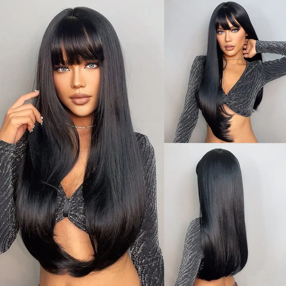 Light Wine Red Synthetic Wigs With Bangs for Women Long Straight Hair Wig Natural Cosplay Party Heat Resistant_voghion.com