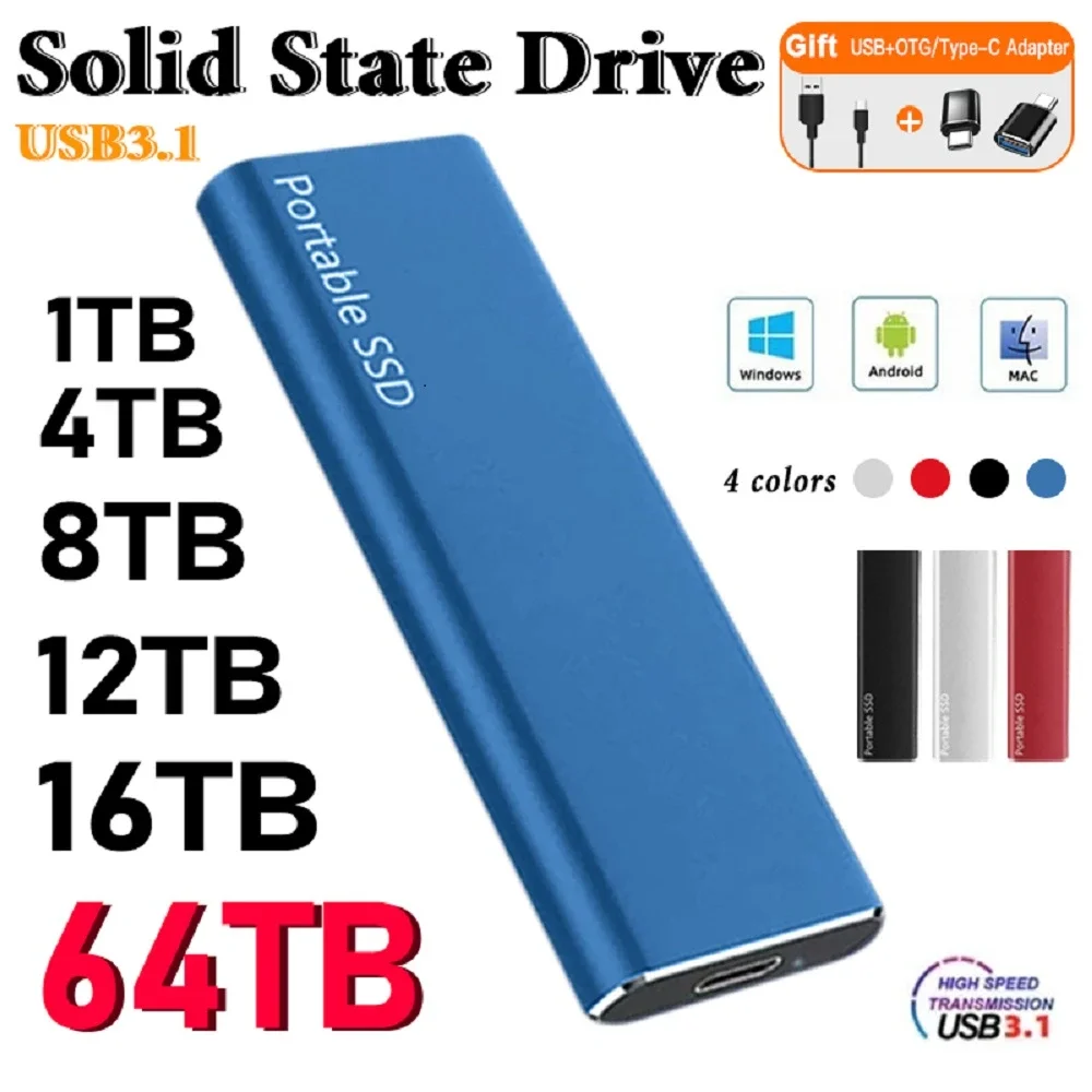 

2024 Original Portable External Hard Drive1TB 2TB Mobile Solid State Drive USB 3.1 hard disk ssd for Notebook Laptop Mac