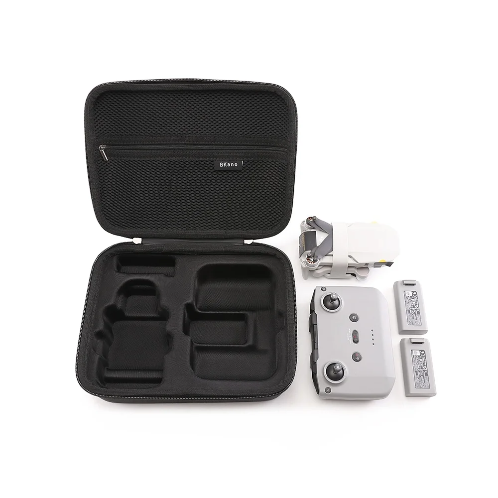 Drone DJI Mini 2 placé dans l'étui antichoc EVA, mousse intérieure découpée sur mesure.