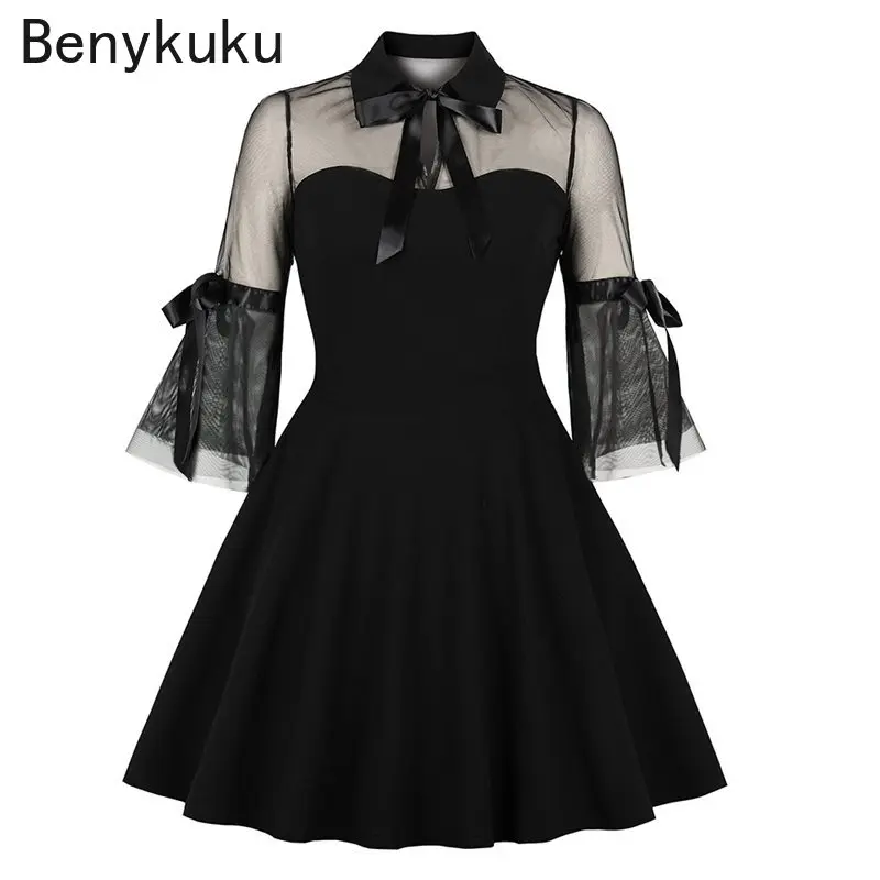 

Sexy See Through Flare Sleeve Black Gothic Punk Dress 2024 Women A Line Vintage Party Sheer Mesh Goth Clothes Lace Mini Dresses