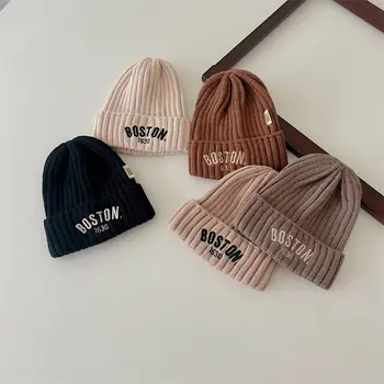 단색 레터 아기 비니 모자, 겨울용 따뜻한 니트 모자, 빈티지 자수 보스턴 유아, 키즈 크로셰 보넷