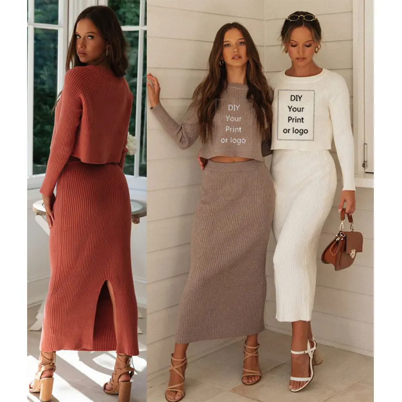 

DIY Your like Photo or Logo Customized 2 Piece Set Women New Sweater Fashion Women's Three-color Comfortable Slim split skirt
