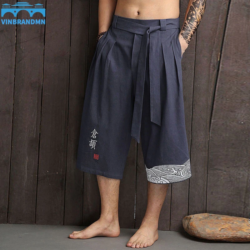 

Vinbrandmn Japanese Kimono Traditional Beach Pants Men's Asian Clothing Bath Pants Casual Loose Men's Yukata Linen Cropped Pants