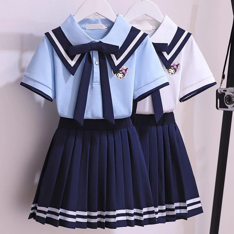 

Miniso Sanrio Kuromi Kids Jk Uniform Set Summer New Navy Collar Short-Sleeved T-Shirt College Style Pleated Skirt Two-Piece Set