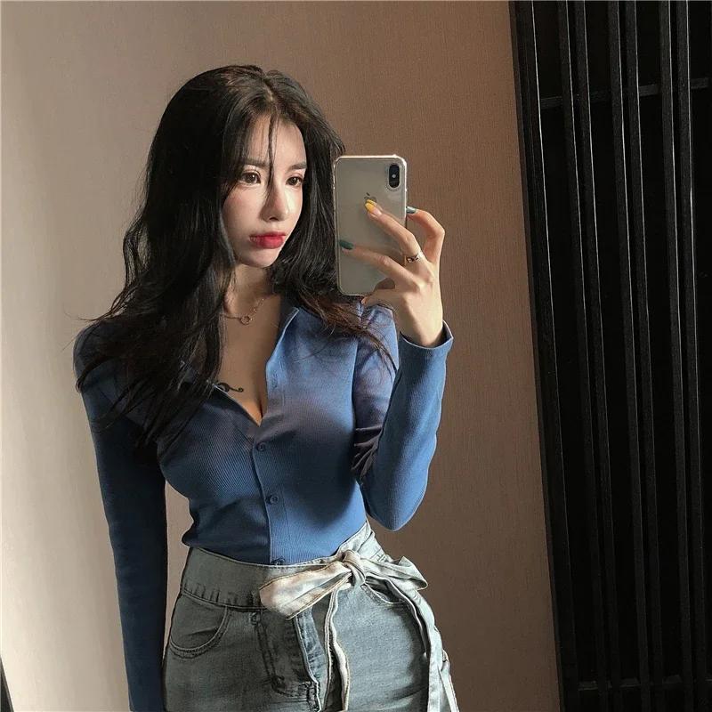 

Hi Girl Solid Color Bottom t Shirt Long Sleeve Knitting Tees Sexy Slim Fit Crop Top Basic T-shirt Women