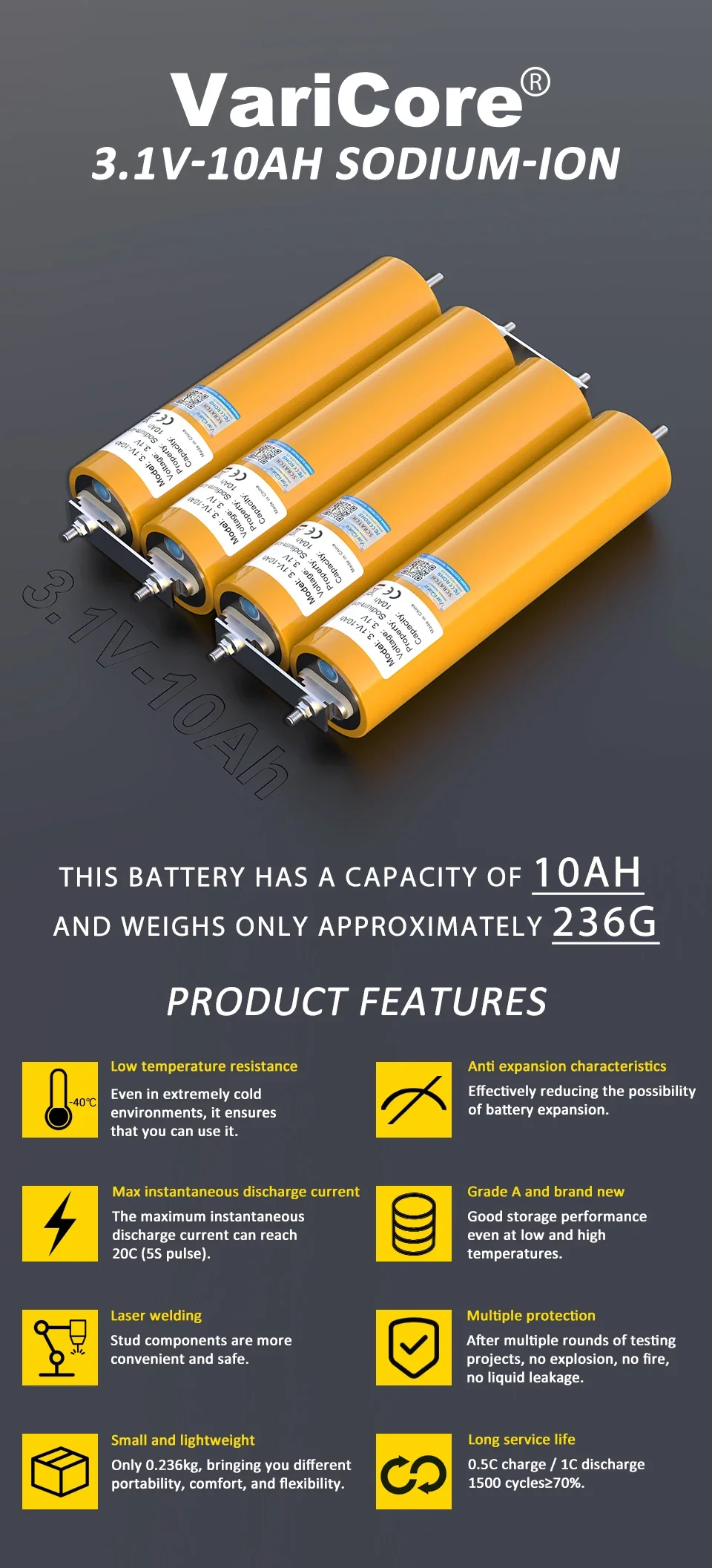 3.1V 10Ah Sodium-Ion battery 20c Resistant to Low,high Temperature DIY 12V 4s In
