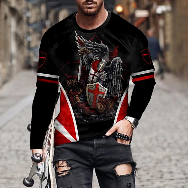 Vintage Printed Samurai Long Sleeve T-shirt Templar 3d Pattern European And American Style Men's Spring Imitation Cotton Shirt 2