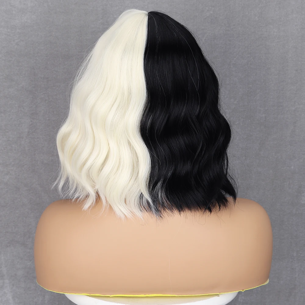 Black and Off white Short Wavy Shoulder Length Women Full Bang Heat Resistant Wig for party and cosplay