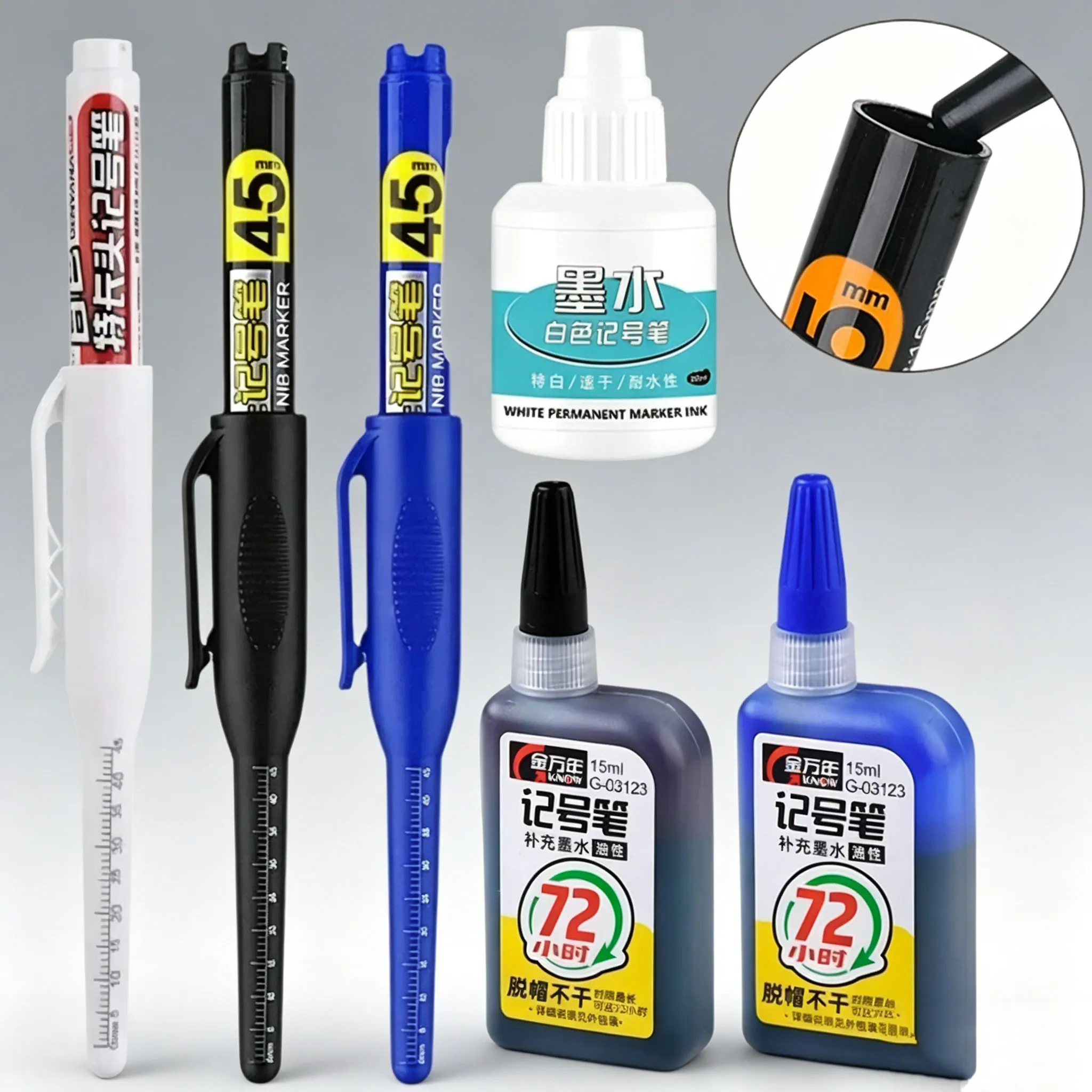 45mm 방수 딥홀 마커 펜 45mm 롱 닙 블랙 블루 화이트 잉크 다용도 목수 목공 마커 수공구