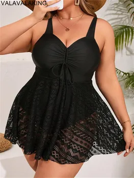 2026 Lace Patchwork Plus Size Swimwear Women Solid Strapped Large One Piece Swimsuit Brazilian Lady Chubby Curvy Bathing Suit