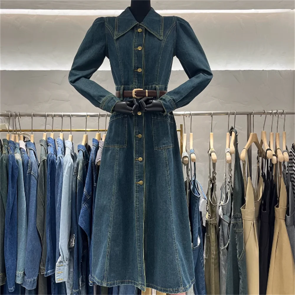 

Женское джинсовое платье с поясом, Длинное Элегантное винтажное платье с отложным воротником на осень