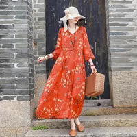 Floral Print Cotton Lin Women's Dr Long Sve A-Line Skirt Comfortable Breathable Spring Summer Faion Casual Wear