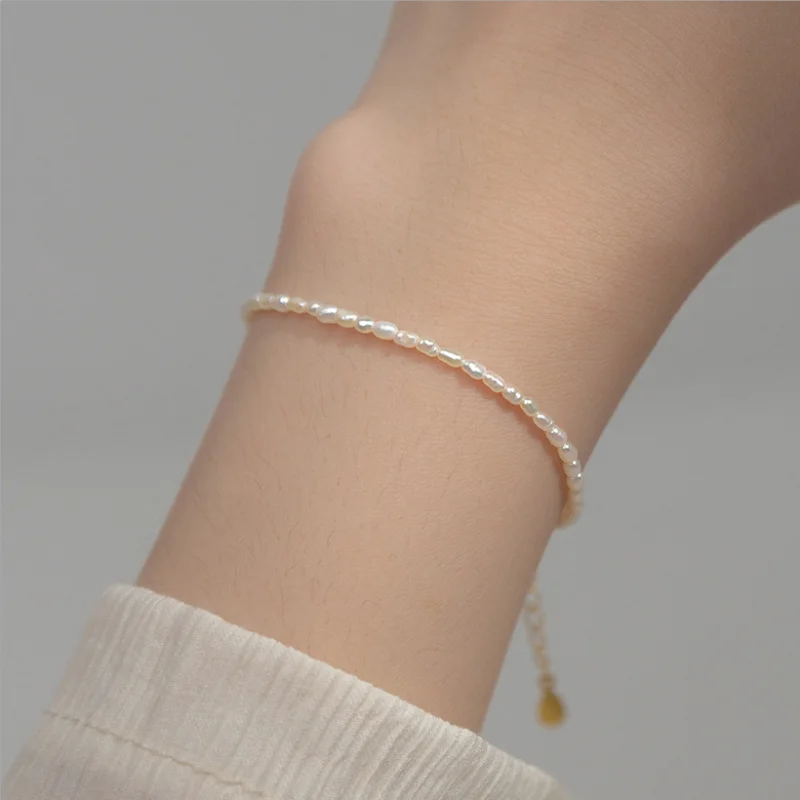 HENGSHENG 작은 크기 3-4mm 천연 담수 화이트 진주 쌀 모양 팔찌 여성..