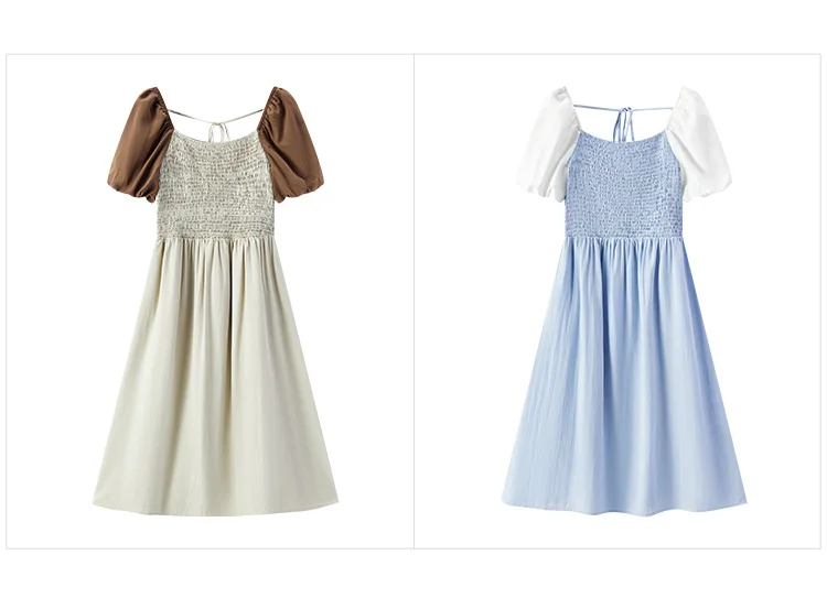 Dress Women Color-Blocking Puff Sleeves Sweet and Elegant Temperament Autumn Hepburn Style Tight Retro Skirt