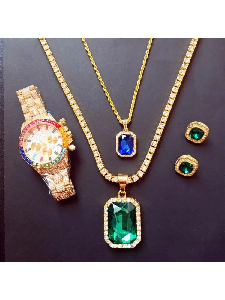 Green Stone Hip Hop Jewelry Men Watch & Necklace & Pendant & Bracelet & Earrings Combo Sets Ice Out Cubic Zircon Tennis Chain spa zen stone bamboo leaves shower curtain sets orchid flower candle bathroom decor screen carpet rug bath mat toilet lid cover