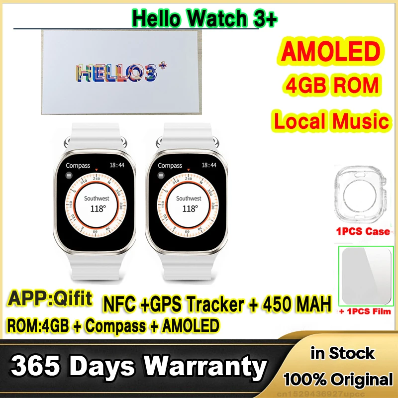 헬로 워치 남녀공용 스마트워치, AMOLED 스마트 워치, 4GB ROM, NFC 나침반, 블루투스 통화, 로컬 음악, 49mm, 450MAH