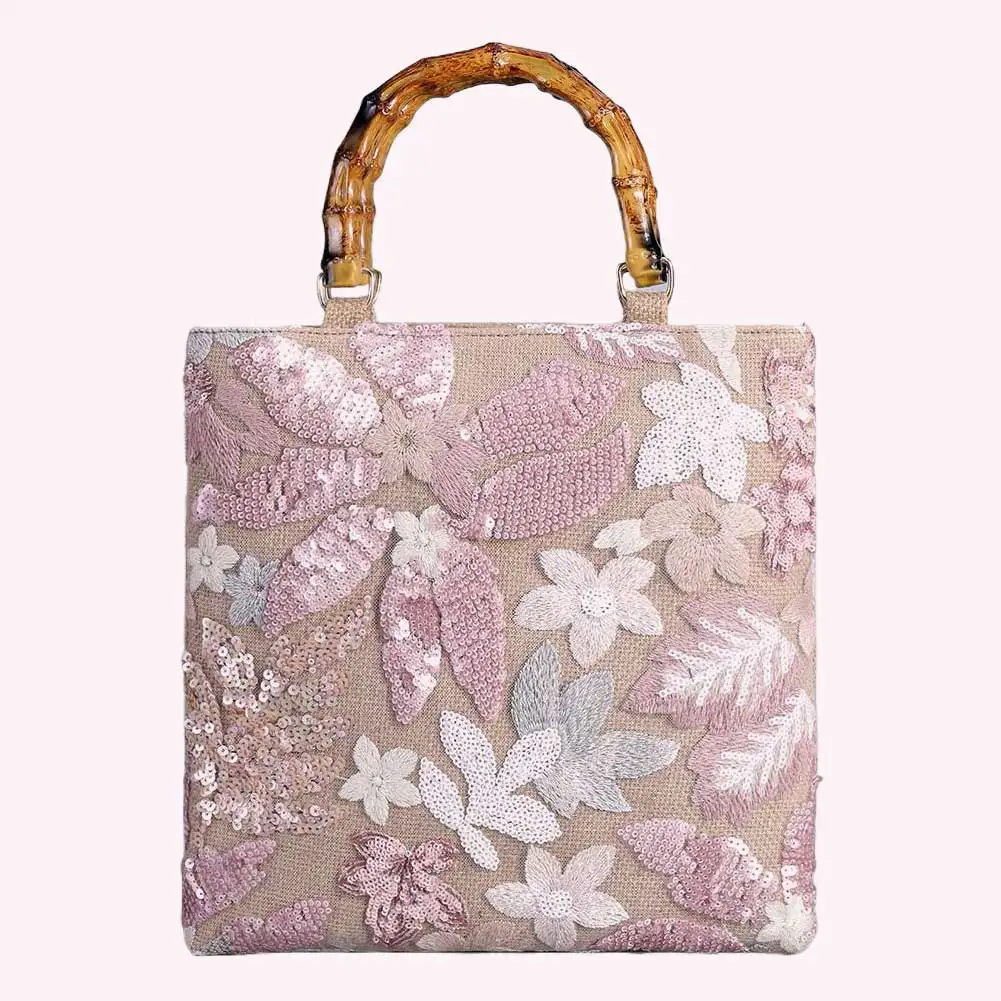 Floral Embroidery Sequin Tote Bag Bamboo Handle Bohemian Handbag Vintage Shopper Purse for Women Work Shopping Travel