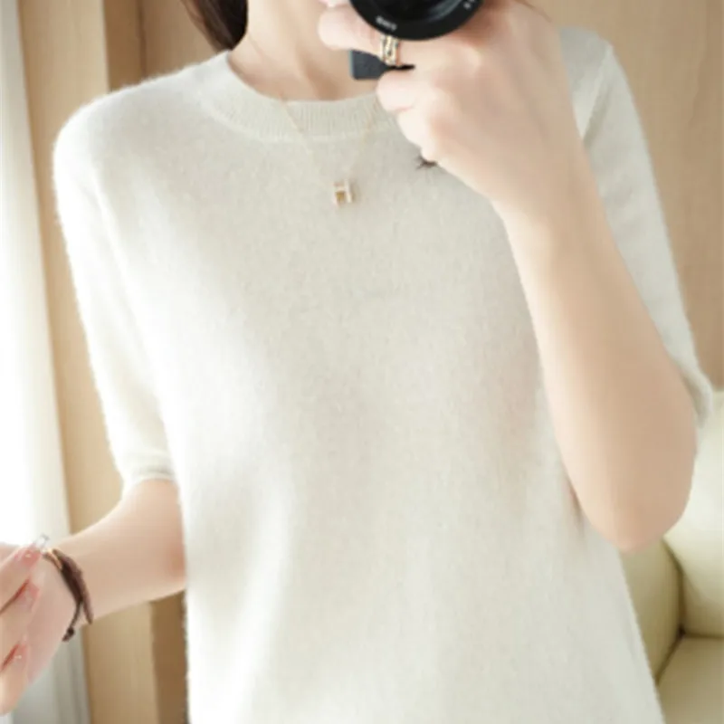ตัวเลือกสินค้า ฤดูใบไม้ผลิและฤดูร้อนใหม่แขนสั้นผู้หญิง O-คอ Slim Wool Cotton Blend เสื้อกั๊กเสื้อยืดถักเสื้อกันหนาว